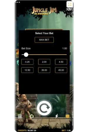 Jungle Jim slot bet selection screen